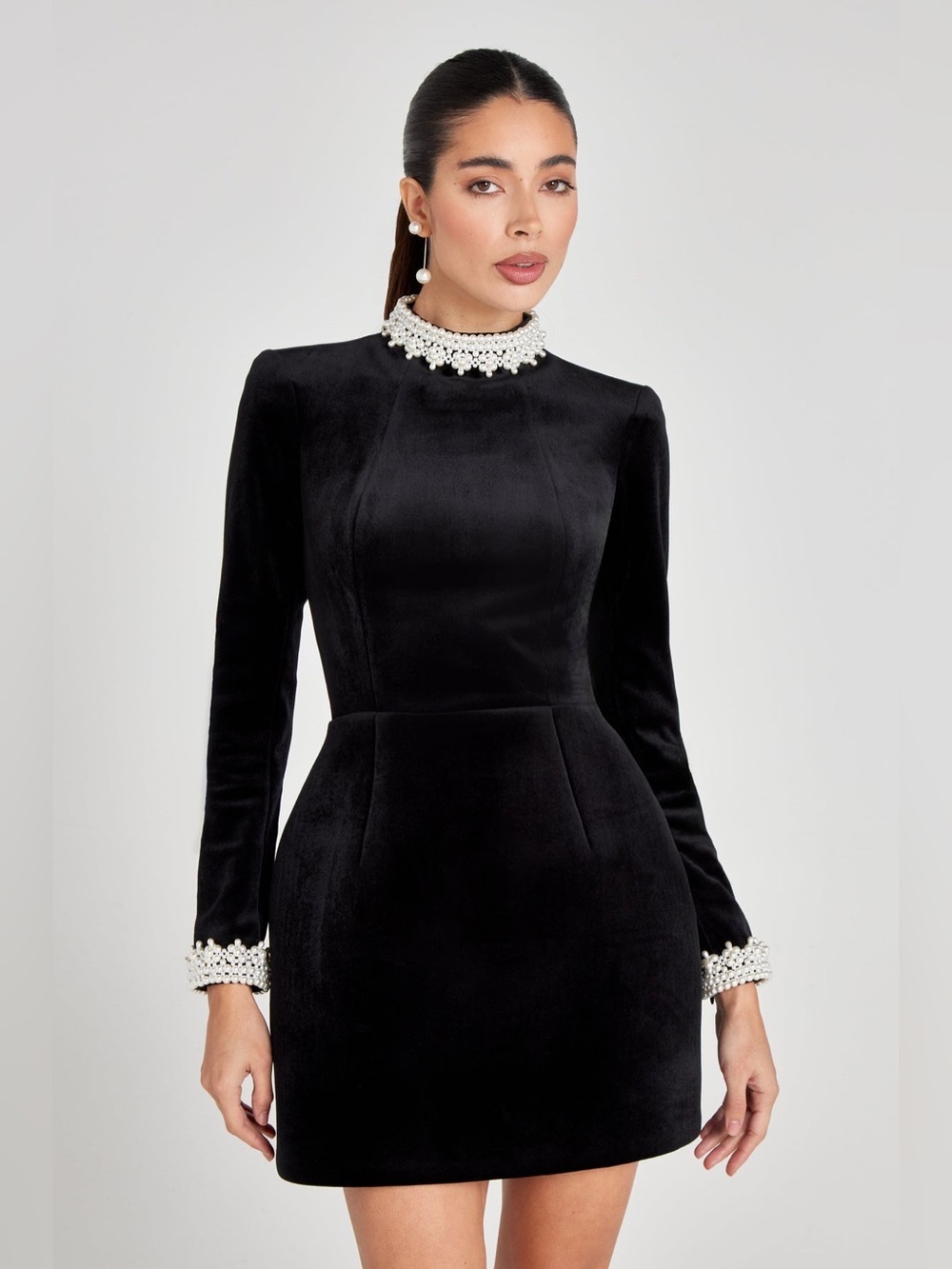 Nadine Merabi Audrina Black Velvet Pearl Trim Mini Dress XS/2 NWT - Picture 3 of 11